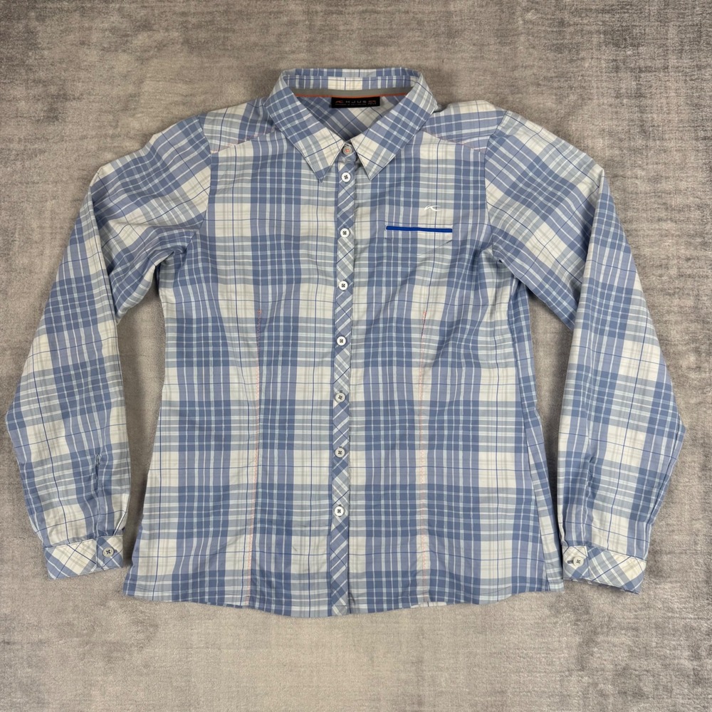 KJUS Shirt Womens XL Blue White Long Sleeve Plaid Button Down Performance Golf
